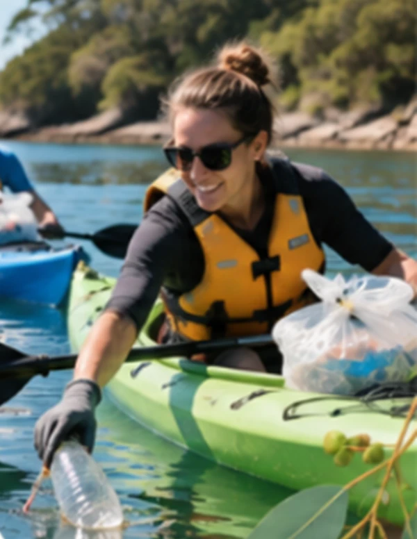 A smiling kayaker in a life jacket collecting litter from the harbour, with a bag of rubbish on her kayak.