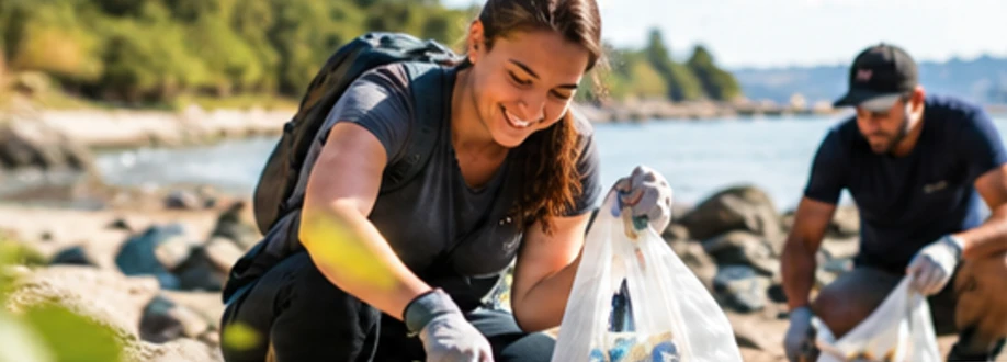 A smiling volunteer in gloves collecting rubbish into a bag on a rocky shoreline.