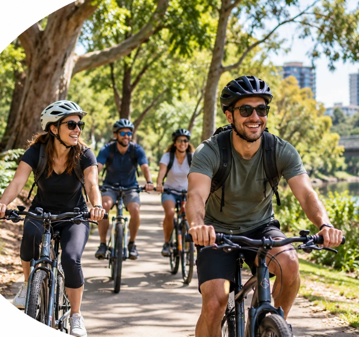 Illustrative image: a group of colleagues cycling along a leafy riverside path in a city park.