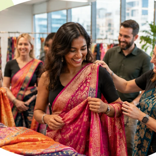 Illustrative image: colleagues in a bright office trying on colourful preloved saris together.