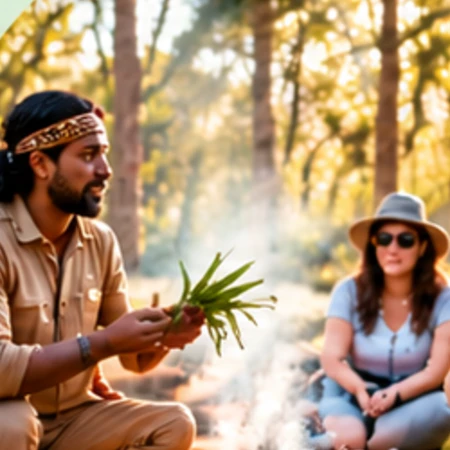 A guide sharing native plants with a seated group around a small campfire in bushland.