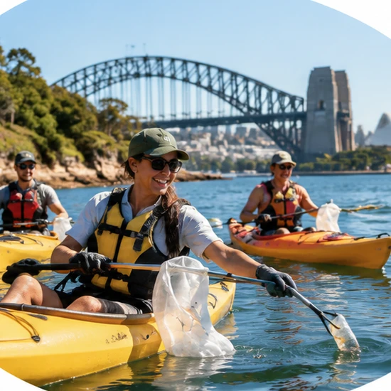 Illustrative image: kayakers collecting litter on Sydney Harbour near the Harbour Bridge.