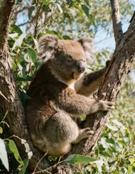 A koala climbing a eucalyptus tree.