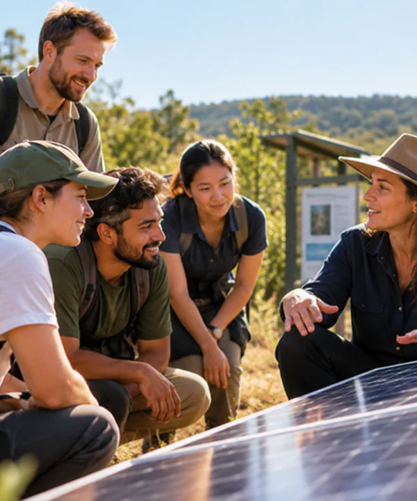 A guide explaining solar panels to a small group of participants outdoors.