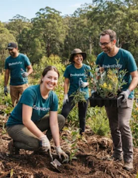 Volunteers planting native seedlings in bushland.