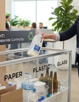 Workplace recycling station with separate bins for paper, plastic and glass.