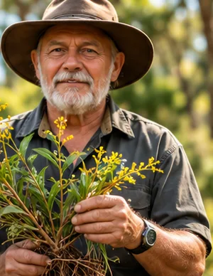A bush regeneration guide holding flowering native plants.