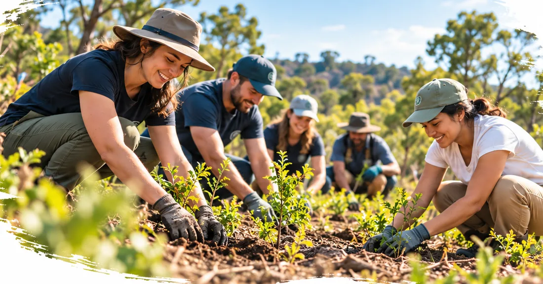 A group of volunteers planting native seedlings together on a sunny hillside.