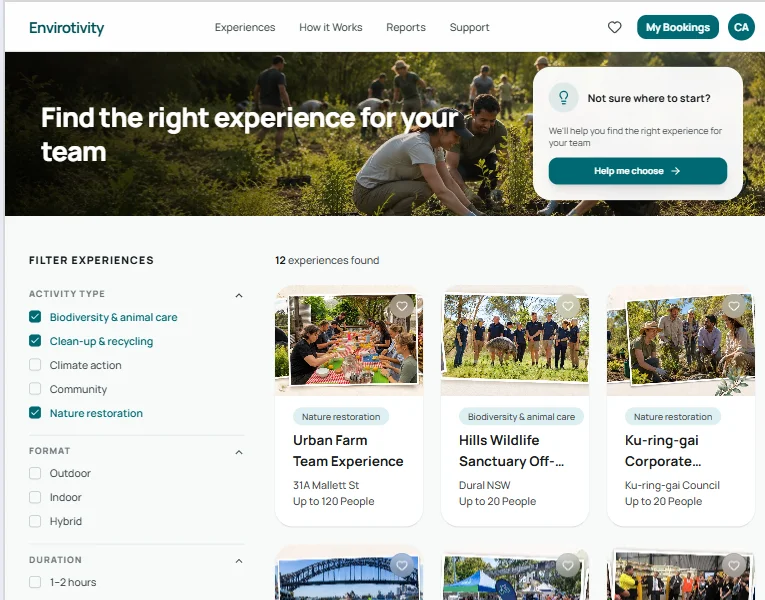 The Envirotivity experience catalogue: activity, format and duration filters beside experience cards such as Urban Farm Team Experience and Hills Wildlife Sanctuary.