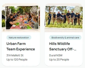 Two example experience cards from the Envirotivity catalogue: Urban Farm Team Experience (Nature restoration, 31A Mallett St, up to 120 people) and Hills Wildlife Sanctuary (Biodiversity & animal care, Dural NSW, up to 20 people).