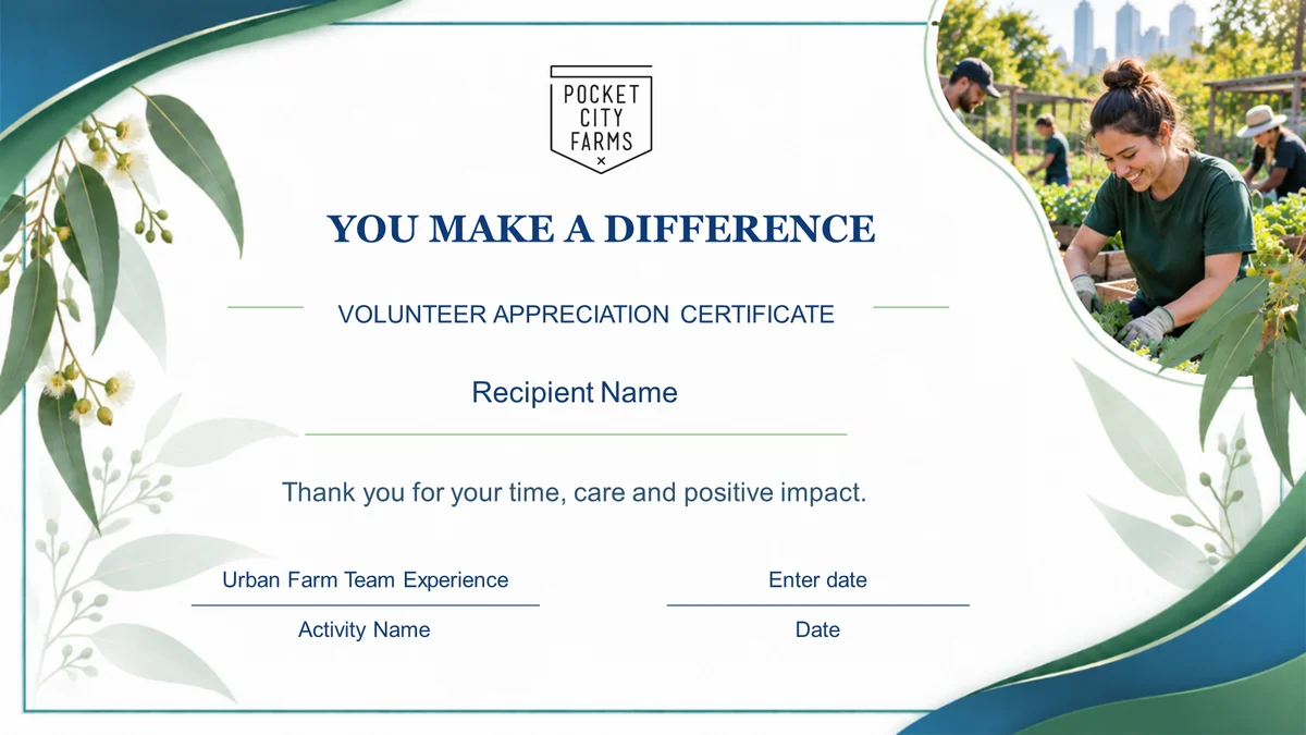 Volunteer appreciation certificate template: “You make a difference”, with Recipient Name, activity name and date fields.